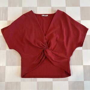 zara burnt orange twisted knot textured front blouse tee